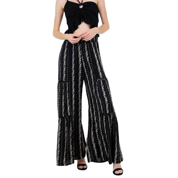 Angie Pants - Angie Wide leg tiered flare leg pant with lace trim